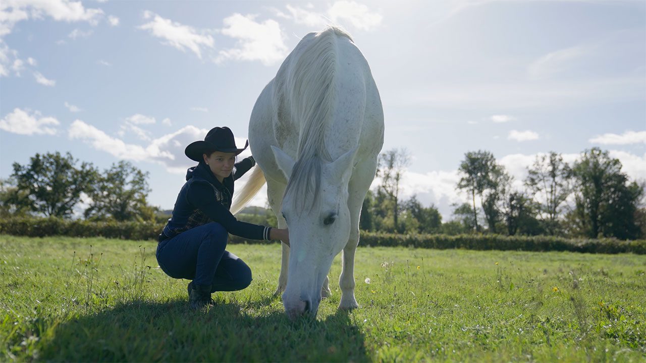 Une femme accroupie caresse un cheval blanc qui broute