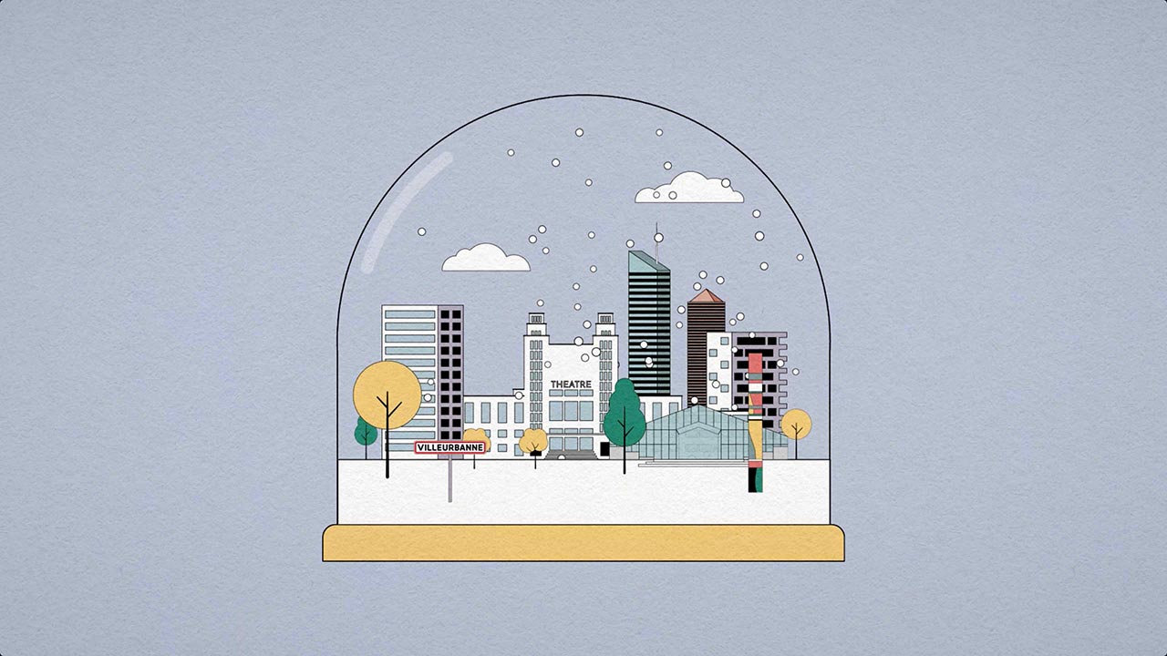 Boule à neige avec une illustration de Villeurbanne à l'intérieur