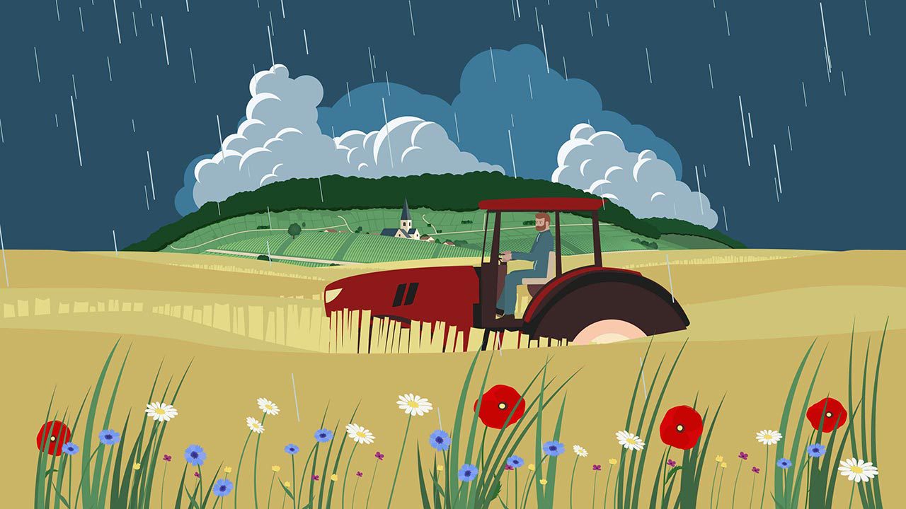 Illustration d'un tracteur qui passe dans un champ de blé sous la pluie