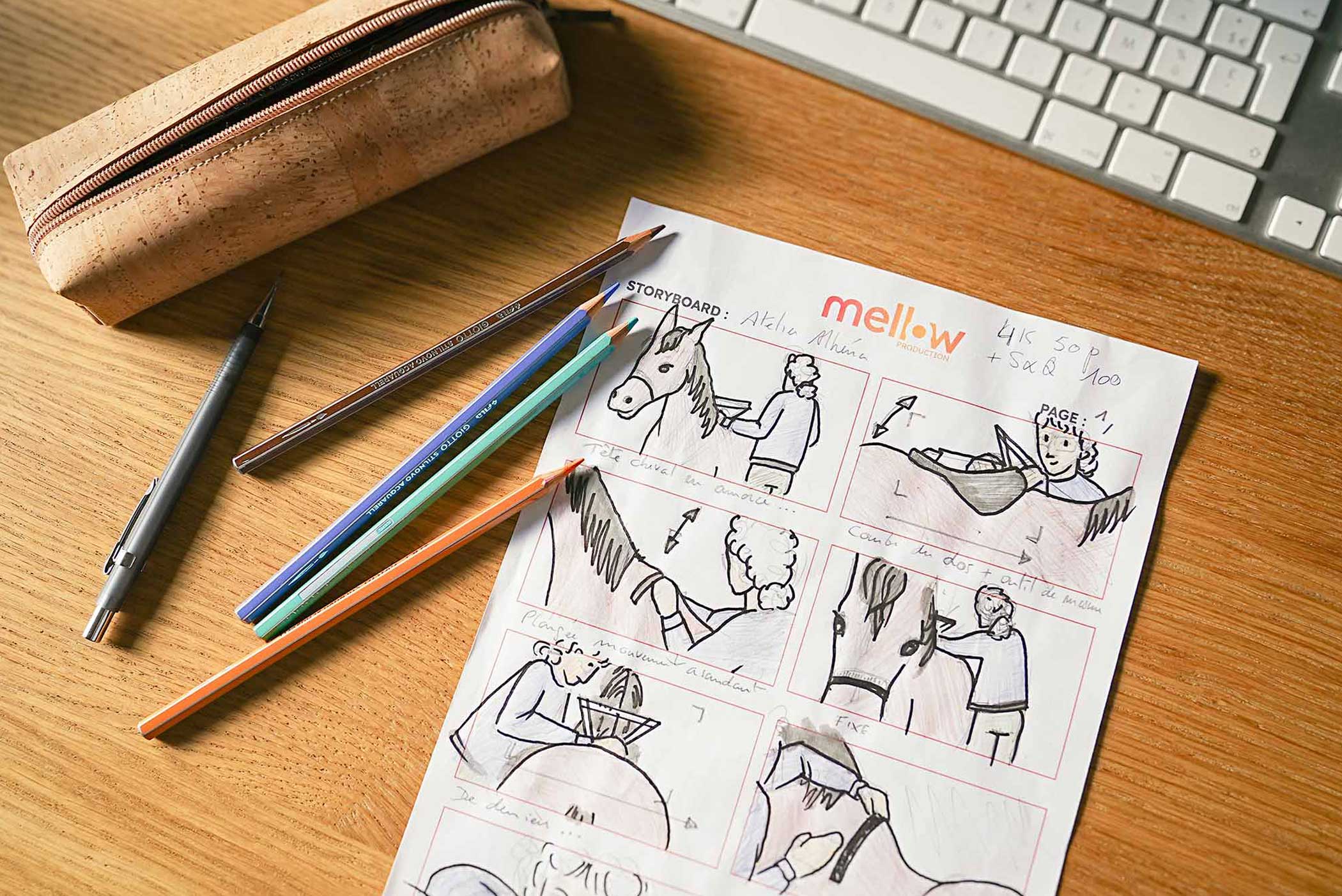 Un storyboard dessiné sur papier et des crayons de couleur