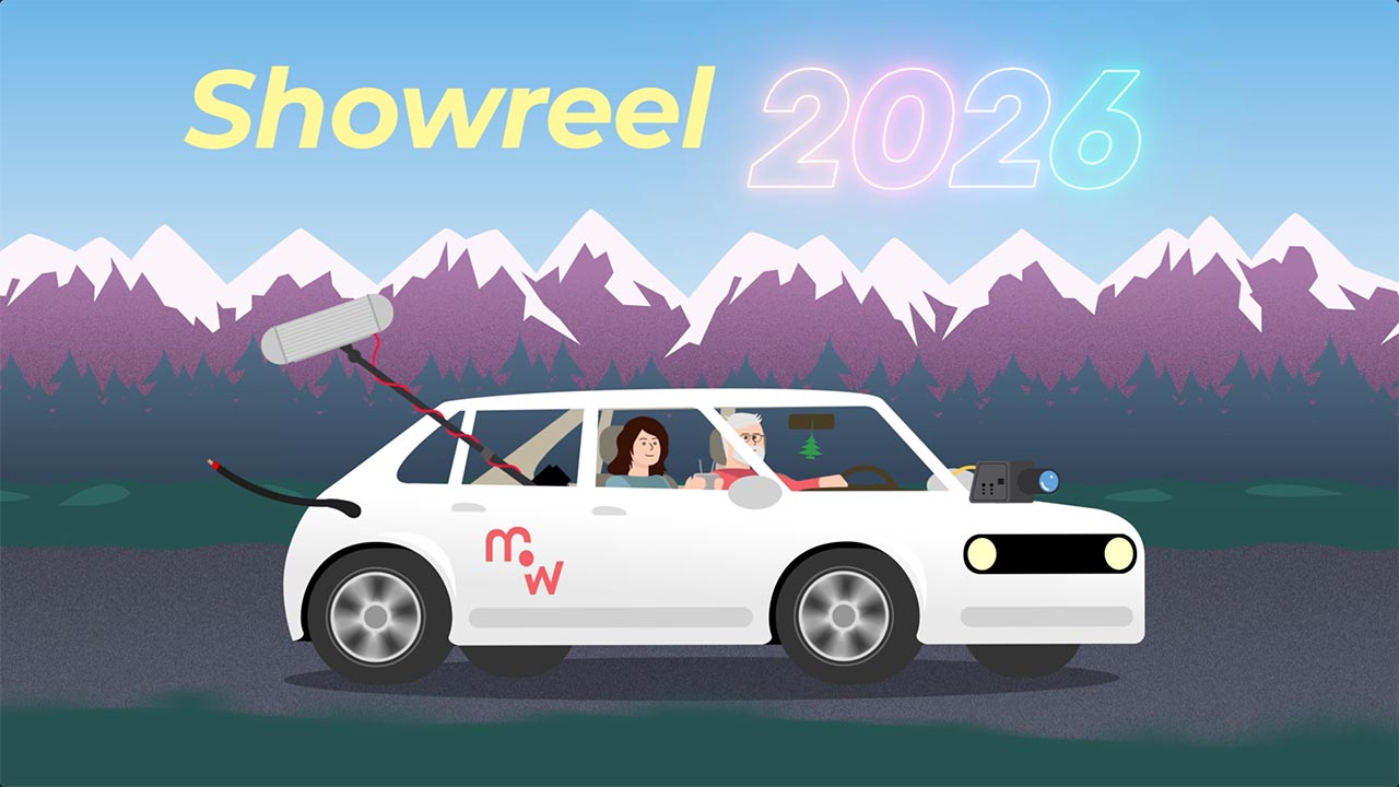 Illustration d'une équipe de tournage en voiture sur une route de montagne