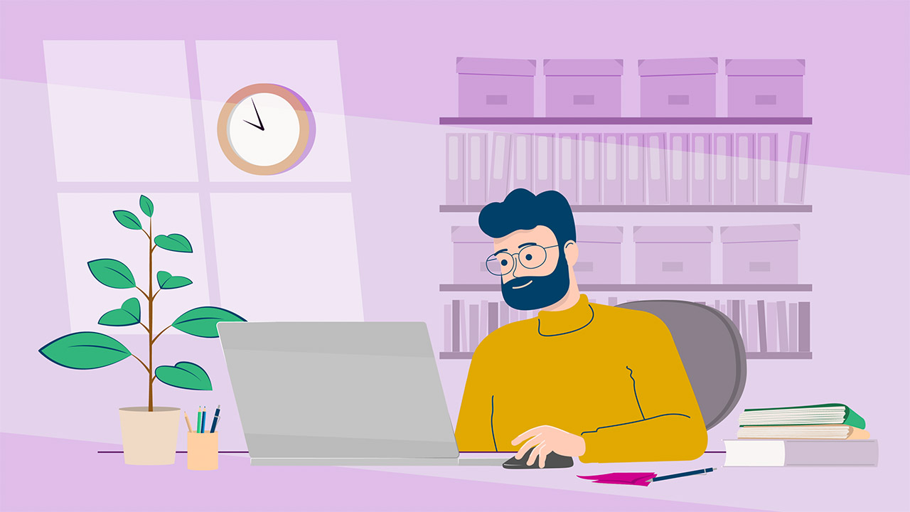 Personnage qui travaille sur un ordinateur sur son bureau